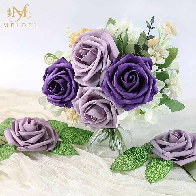 Meldel Artificial Flowers 25pcs Real Looking Purple Lilac Foam Fake Roses with Stems for DIY Wedding Bouquets Bridal Shower Centerpieces Floral Arrangements Home Decorations Bulk Crafts Rose