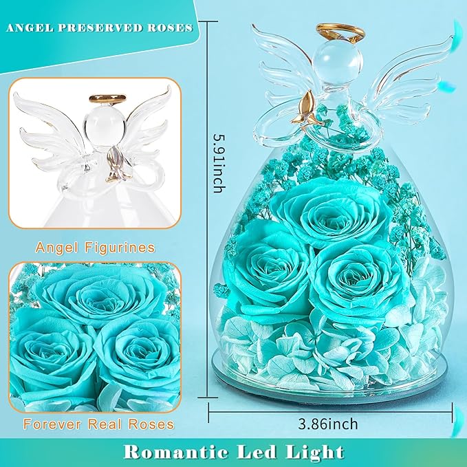 Beferr Christmas Birthday Gifts for Women, Mom Gifts for Christmas Fresh Flowers for Delivery Prime Forever Preserved Rose in Glass Angel Figurine Xmas Gifts for Grandma Wife Sister Her, TBlue