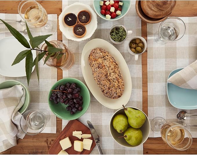 Solino Home Linen Checkered Table Runner 144 Inches Long - 100% Pure Linen Buffalo Check Natural and White Table Runner 14 x 144 Inch Ideal for Dining, Spring, Easter, Winter