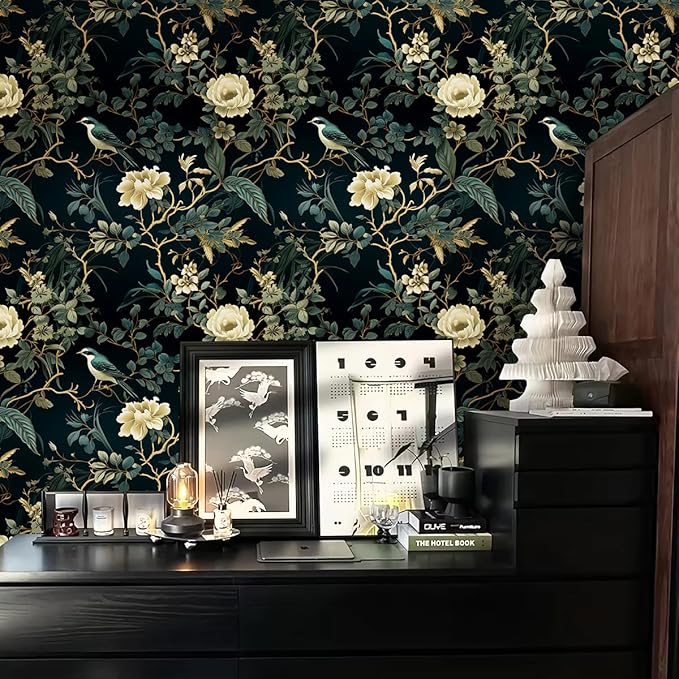 Dark Floral Peel and Stick Wallpaper Vintage Floral Contact Paper 16.9inchx196.8inch Flowers Bird Wallpaper Peel and Stick Boho Leaf Self Adhesive Removable for Bathroom Wall Paper Decor