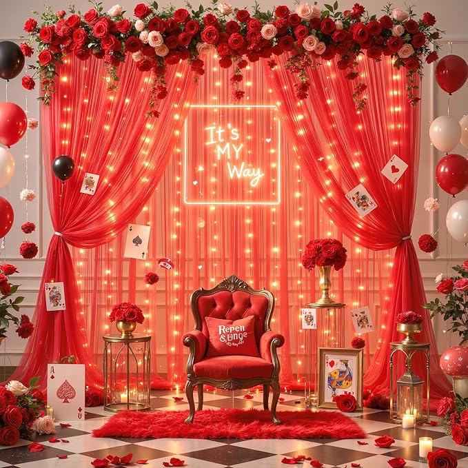 10ft x 10ft Red Tulle Photo Backdrop Curtain with Lights String for Christmas Party Red Sheer Curtain Backdrop Drapes for Birthday Party Wedding Holiday Photo Booth Background Home Room Decorations