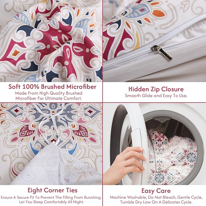 LONAVA Queen Boho 3 Pcs Duvet Cover Set, Breathable Soft Microfiber Concrete Lining Comforter Cover with Zipper Closure, and 2 Anti-Pilling, Fade Resistant Pillowcases, Cream Pasliey
