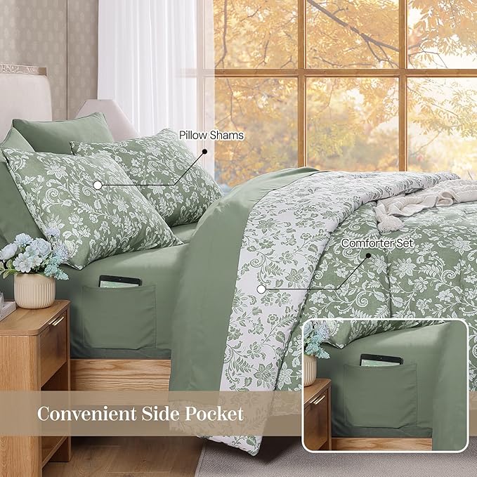 Full Comforter Set -7 Pieces Floral Grey Green Comforter Set for All Seasons, Bed in a Bag Full with Botanical Flowers Comforter, Sheets, Pillowcases & Shams