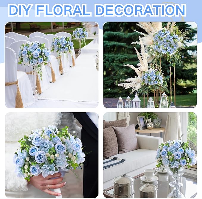 ASTRYAS 8Pcs Artificial Peonies Blue Silk Peonies Faux Flower Bouquet Fake Blue Peonies Artificial Flowers Table Centerpieces for Bridal Wedding Home Party Office Decoration Bulk