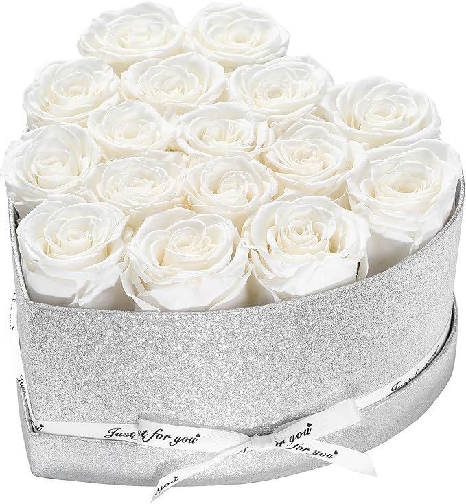Forever Flowers for Delivery, 16 White Preserved Rose in Heart Shaped Box, Eteranl Rose on Anniversary Birthday Gifts for Women, Mother, Wife, Girlfriend，Christmas Day Gifts for Mom