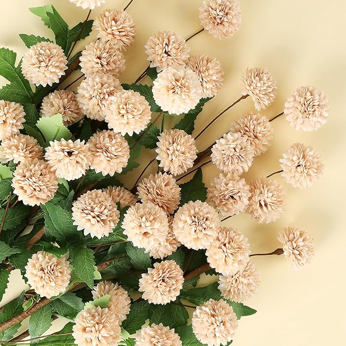 Beige Fake Mums Silk 10 Stems 19.7", Faux Flowers for Vase, Faux Pom Pom Mums Long Stem, Mini Artificial Flowers Bulk Chrysanthemum Floral Arrangements.