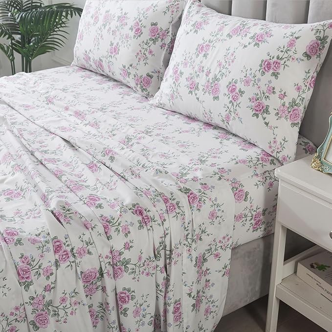 FADFAY Vintage Floral King Size Sheets Set Premium 100% Cotton Shabby Purple Rose Pattern Coquette Cottagecore Bedding Set Deep Pocket Sheets with 2 Pillowcases Luxury Breathable Soft 4Pcs, King