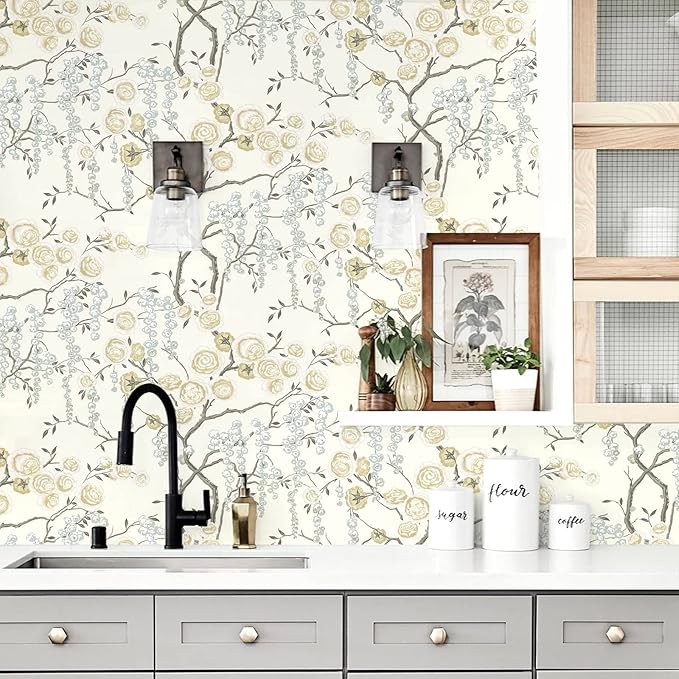 Orainege Peel and Stick Wallpaper Vintage Floral Contact Paper 17.7in ×196.8in Beige Floral Wallpaper Peel and Stick Removable Wall Paper for Bathroom Waterproof