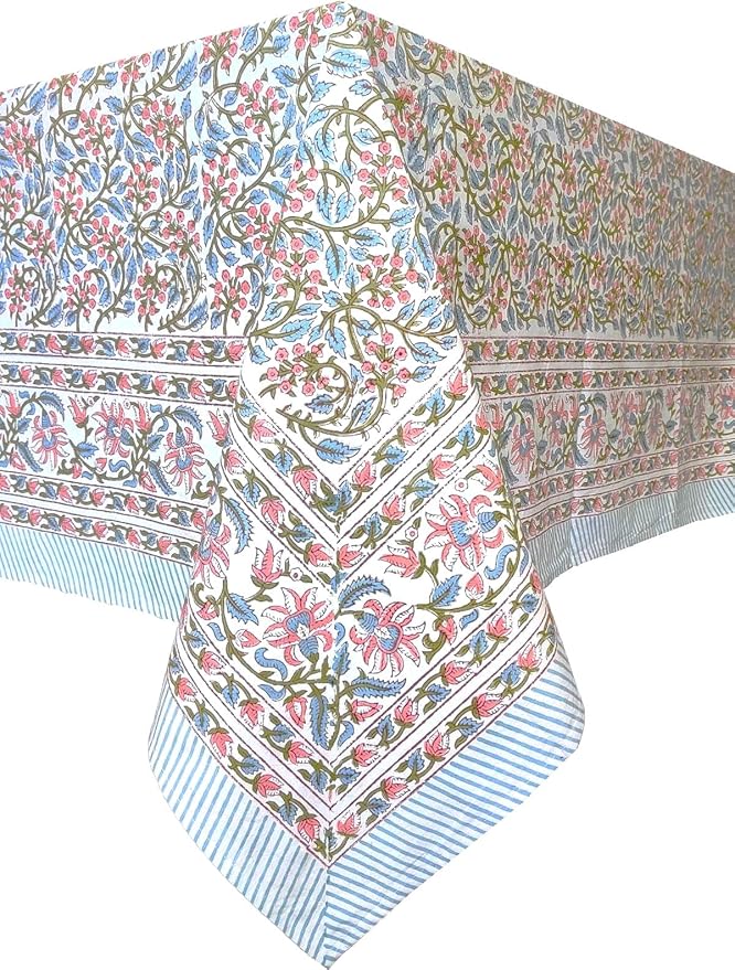 ATOSII Kalina 100% Cotton Fall Rectangle Tablecloth, Handblock Print Floral Table Cloth for Kitchen Dining Linen I Weddings Outdoors Easter Spring Summer I 72 X 108 Inches I 8 Seater