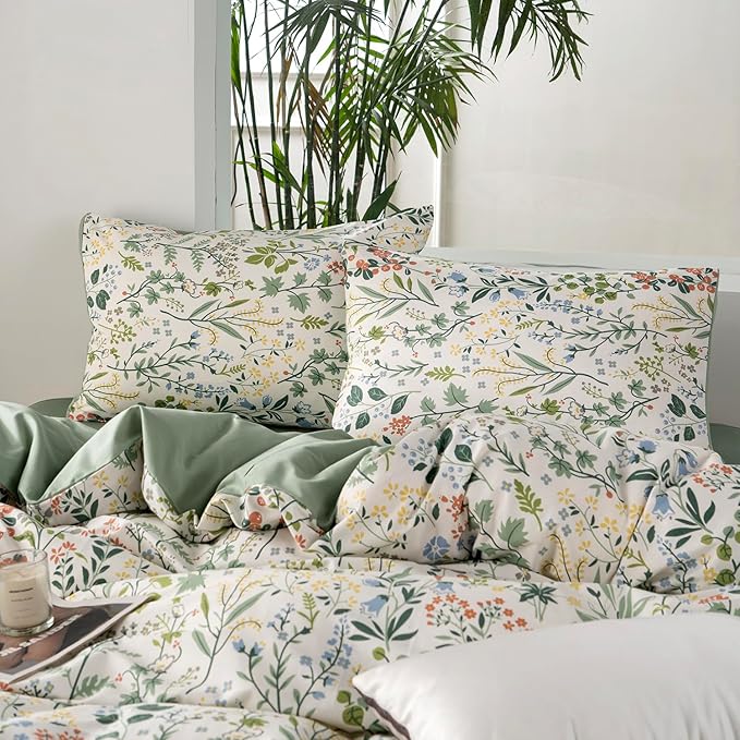 Floral Comforter Set Full Soft Bedding Comforter Set 3 Pieces Garden Style Green Red Flower Print Botanical Flowers Comforter Set for All Seasons 1 Comforter and 2 Pillowcases (Floral, Full)