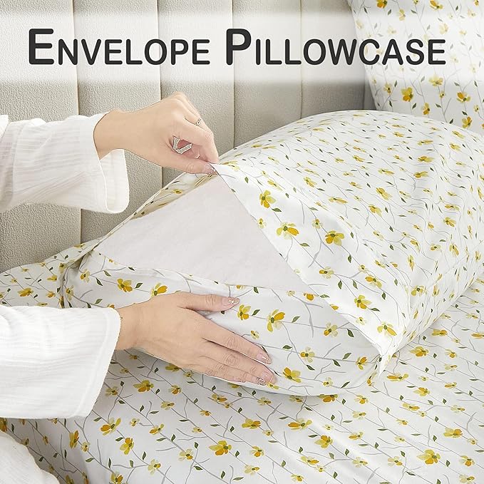 Softan King Sheet Set Yellow Floral Bed Sheets Printed Sheets - 4 Piece Soft Microfiber Patterned Fitted Sheets King with 15" Deep Pocket and Corner Straps, Cute Yellow Flower Sheets & Pillowcase Set