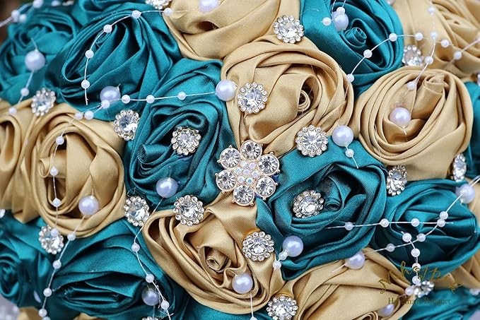 Bridal Wedding Bouquet Round Bling Brooch Bouquet Throw Toss Artificial Rose Flower Bunch for Bride Bridesmaid Wedding Quinceanera(Dark Green & Gold, 6.3")