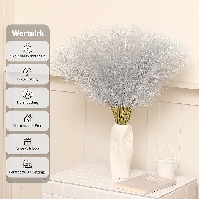 Faux Silver Pampas Grass - 60pcs 24 Inch Short Artificial Pampas Grass Decor, Fake Pompas Floral for Vase Filler, Wedding Flower Arrangement, Party and Home Decor (Silver, 60 Pieces)