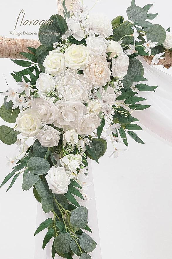 Floroom Arch Flowers with Drapes Kit (Pack of 4) - 2pcs Artificial Ivory & White Floral Swag Arrangement with 2pcs Draping Fabric for Wedding Ceremony Arbor and Reception Backdrop Decoration