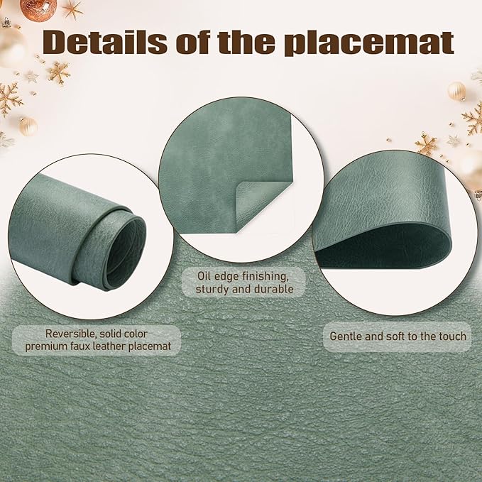 UnivoColors Washed Cowhide Pattern PU Leather Placemats Set of 4 Heat Resistant Kitchen Table Mats, Waterproof Wipeable for Party Decoration(Green)