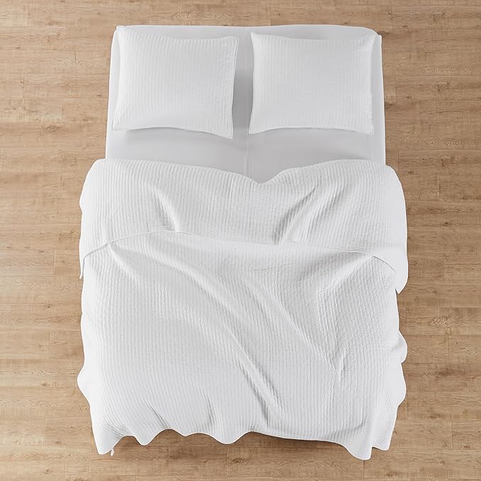Levtex Home Cross Stitch Reversible Full/Queen Quilt Set (88x92in) and 2 Pillow Shams (26x20in) - Stitch Texture - Bright White - Cotton Full/Queen Size Quilt Bedding Set - Lightweight Soft Pre-Washed