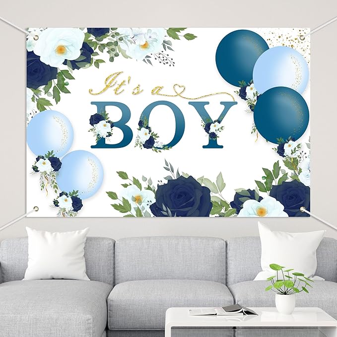 Floral It's a Boy Baby Shower Backdrop Banner Simple Style Flowers Theme Background Decor for Boys Newborn Baby Shower Party Decorations Photo Studio Props Supplies 72x43in-BECKTEN
