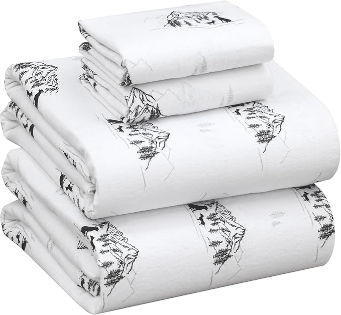 RUVANTI Flannel Sheets Full Size - 100% Cotton Double Brushed Bed Sheets Set, Deep Pockets 16 Inches, All Seasons Breathable & Extra Soft Full Sheets, Warm & Cozy, 4 Piece, Soul Dog White