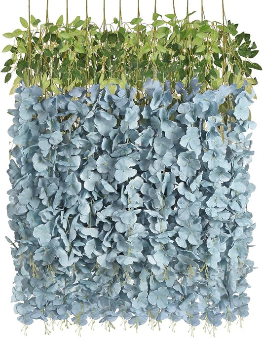 12PCS 3.6Ft Artificial Wisteria Hanging Flowers Dusty Blue Fake Hanging Flowers Garland Silk Flowers Rattan String Faux Wisteria Vine for Garden Home Wedding Arch Decorations (Dusty Blue)