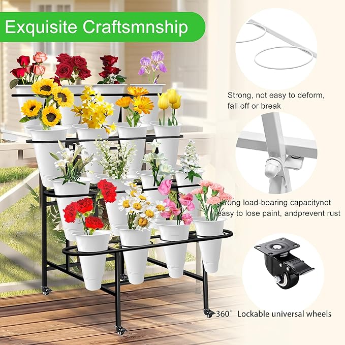 Flower Display Stand with 16PCS Buckets, 4 Layers Flower Cart Display Stand with Wheels Heavy Duty Metal Flower Bar Stand for Florist Shop, Patio Garden and Living Room - Black