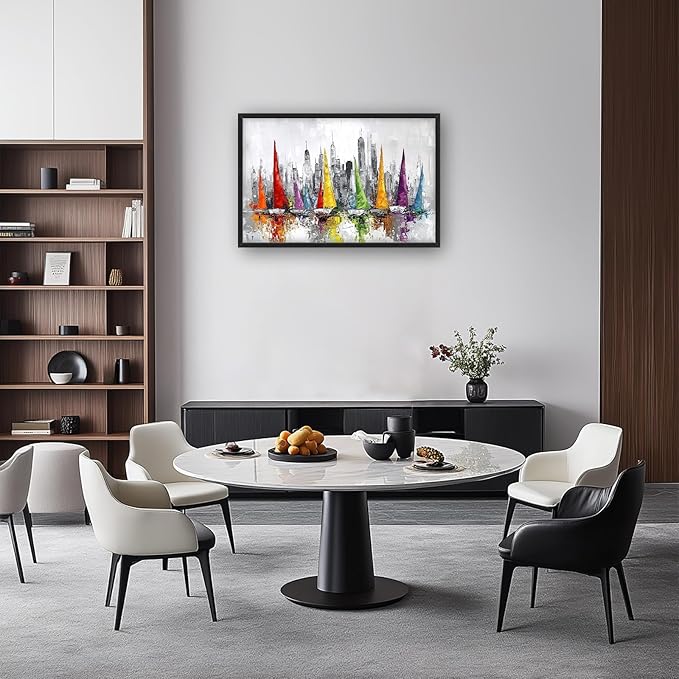 Framed Large Sailboat Wall Art for Living Room, Oversized Abstract City Wall Decor Colorful Sailboat Canvas Painting Pictures Modern Artwork for Living Room Bedroom Office Dinging Room 36"x24"