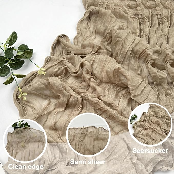 Booque Valley Nude Cheesecloth Table Runner 120 Inch 10ft Super Soft Boho Wrinkled Gauze Sheer Cloth for Baby Shower Birthday Bridal Shower Wedding Centerpiece Table Decoration, 6 Pack , Tan