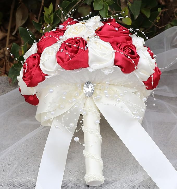 Bridal Wedding Bouquet Round Bling Brooch Bouquet Throw Toss Artificial Rose Flower Bunch for Bride Bridesmaid Wedding Quinceanera(Ruby Red & Ivory, 7.5")