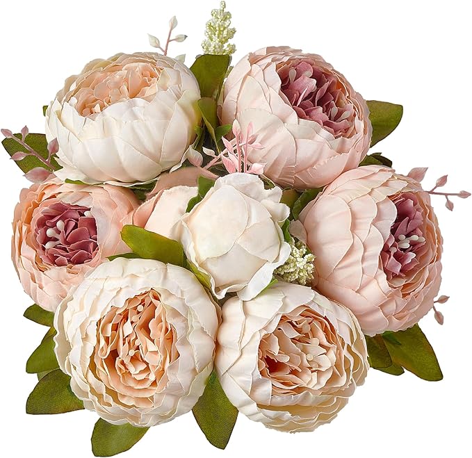 Mkono Peonies Artificial Flowers, Faux Peony Flowers Real Touch Fake Silk Bouquet for Arrangements Dining Table Centerpieces for Kitchen Bridal Wedding Party (1pack, Light Pink)