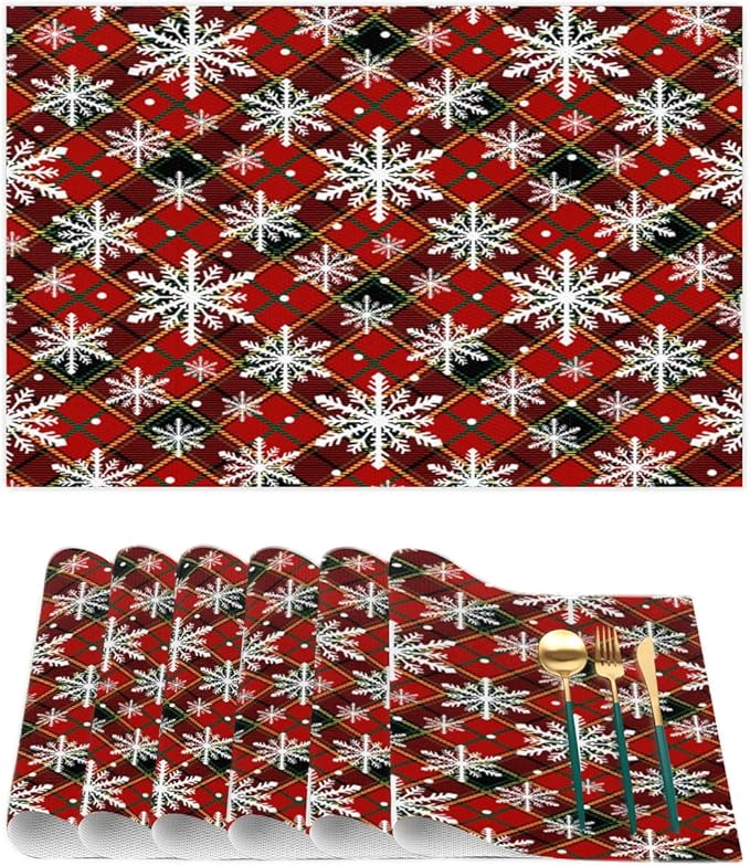 Christmas Xmas Waffle Art Snowflake Placemats Set of 6 PVC Vinyl Non Slip Table Mats Heat Resistant Place Mats Washable Wipeable Dining Table Mat for Kitchen Decor Party Indoor Outdoor Decorative Gift