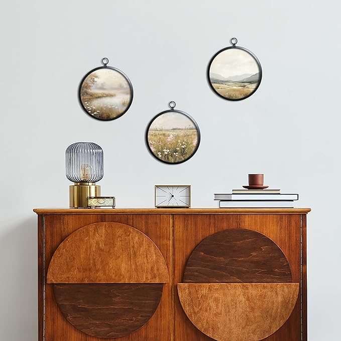 XIAOAIKA Vintage Wall Art with Metal Frame, Round Wood Print Featuring Foggy Lake and Trees, Boho Wall Decor for Living Room, Bedroom, Kitchen, 10 Inch