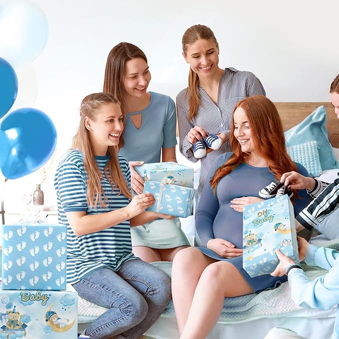 WERNNSAI Baby Wrapping Paper - 1 Roll 17” x 16.4 ft Bear Wrapping Paper for Boy Baby Shower Wrap Paper Blue Bear Gift Wrap Reversible New Born Birthday Present