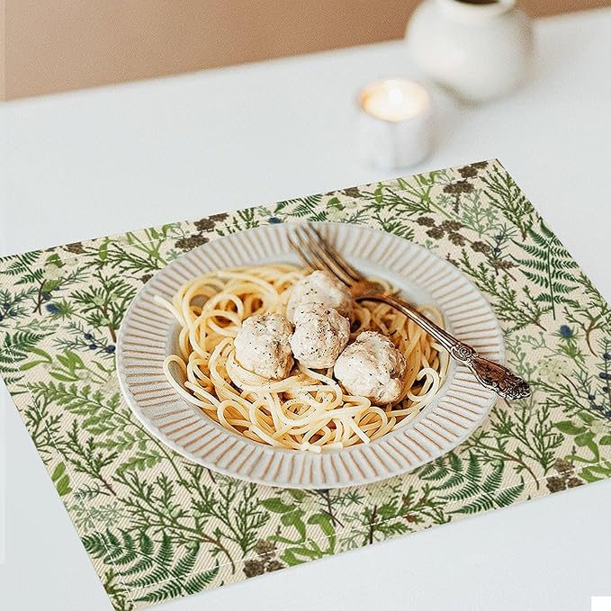 Retro Botanical Placemats Set of 4, 17x12 Inch Rustic Farmhouse Green Leaves Vintage Plants Aesthetic Table Mats for Home Party Kitchen Dining Decor