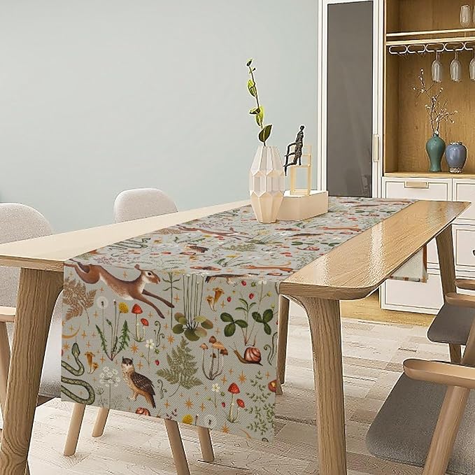 Rustic Forest Table Runner, Retro Country Wild Animals Hare Squirrel Owl Snake Snail Flowers Mushroom Print Table Cover for Home Holiday Party Indoor Outdoor, 13x60inch