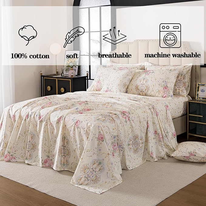 FADFAY 100% Cotton Pink Rose Floral 4-Piece California King Bed Sheet Set, Soft Breathable Cooling Sheets with Deep Pocket Fitted Sheet, Flat Sheet & Pillowcases, All Season Romantic Vintage Bedding