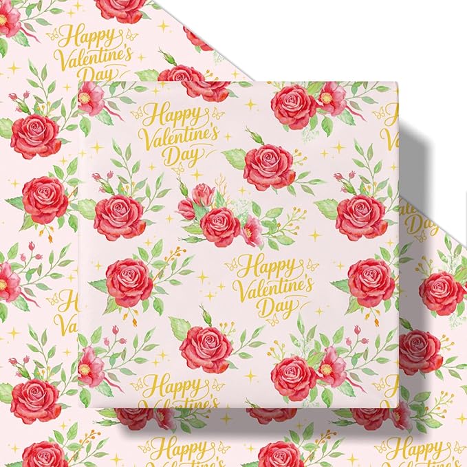 LeZakaa Valentines Wrapping Paper Roll, Pink with Red Rose & Gold “Happy Valentine’s Day” Lettering, Romantic Floral Gift Wrap for Wedding, Anniversary, Birthday, Party, Mini Roll 17in x 16.4 Ft