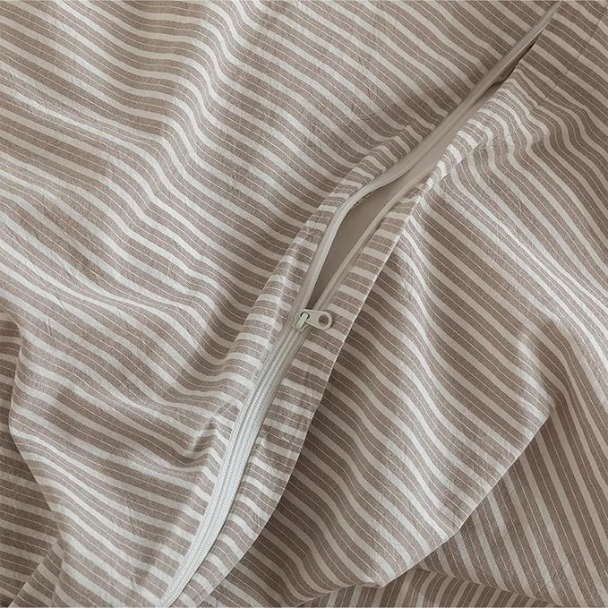 JIYUAN 100% Washed Cotton Striped Duvet Cover Set 3 Pieces Queen, 1 Duvet Cover and 2 Pillowcases(Comforter Not Included),Linen Like Bedding Set Comfy and Breathable,Pinstripes-Heathered Taupe White