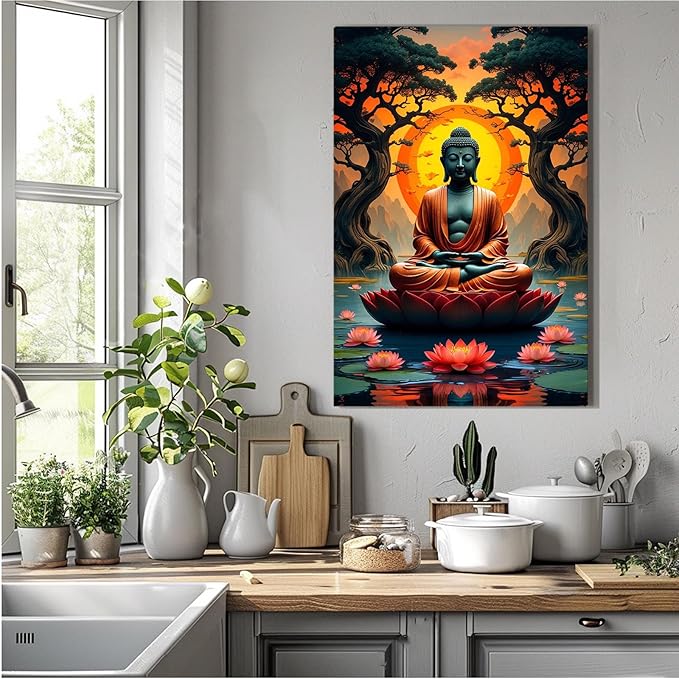 Canvas wall art Golden Buddha on lotus at sunset Ancient trees with reflections on water Serene meditation scene Uplifting wall art for mindfulness and tranquil home decor 20x30in Wood Framed