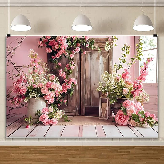 AOTOFO 5x3ft Rustic Wood Floral Backdrop for Baby Shower Newborn Studio Picture Photography Wooden Door Pink Flower Wall Background Wedding Bridal Shower Birthday Party Photoshoot Booth Banner