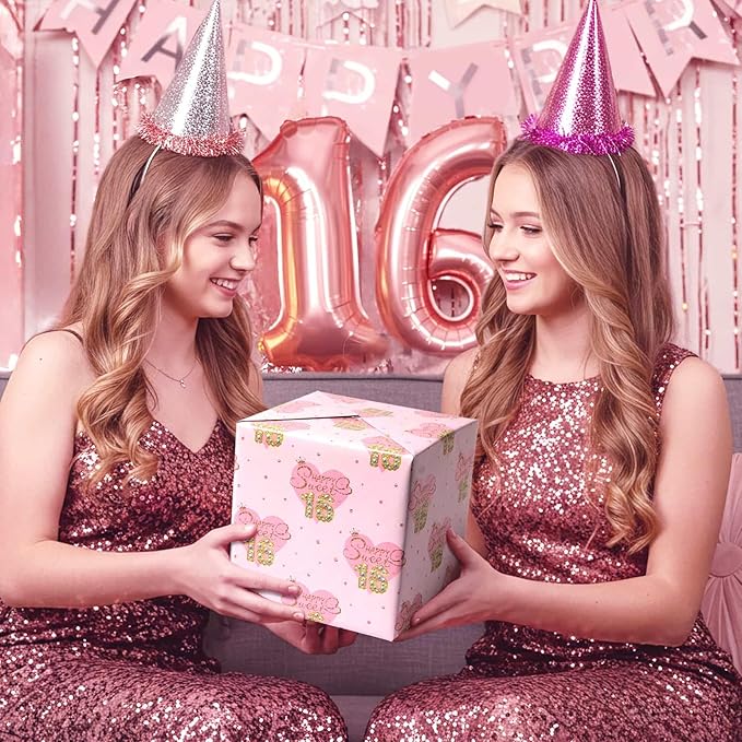WERNNSAI Sweet 16th Birthday Wrapping Paper - 1 Roll 17”x 16.4ft Love Heart Wrapping Paper 16th Pink Girl Gift Packing Favor Birthday Party Wrap Decor Supply