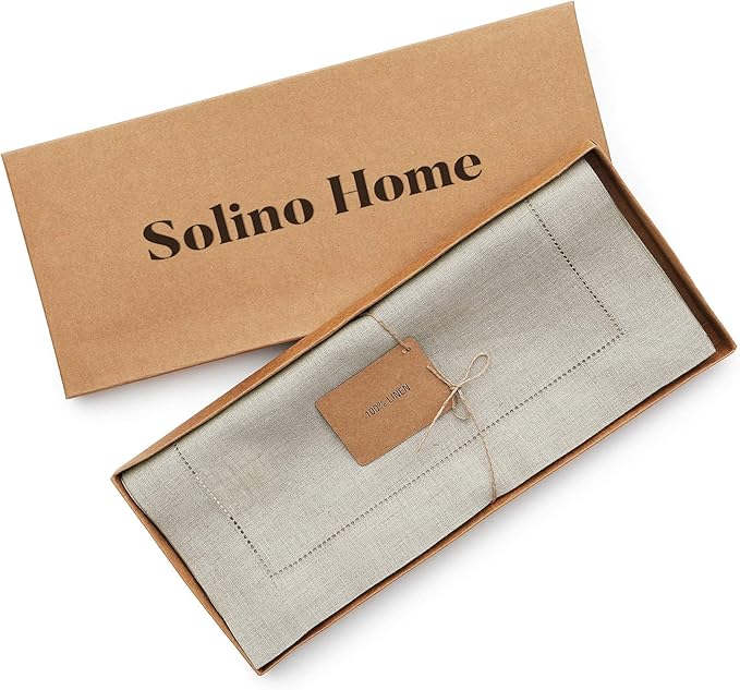 Solino Home Linen Natural Table Runner 120 Inches Long - 100% Pure Linen Hemstitch 14 x 120 Inch Table Runner for Dining, Spring, Easter - Classic Hemstitch