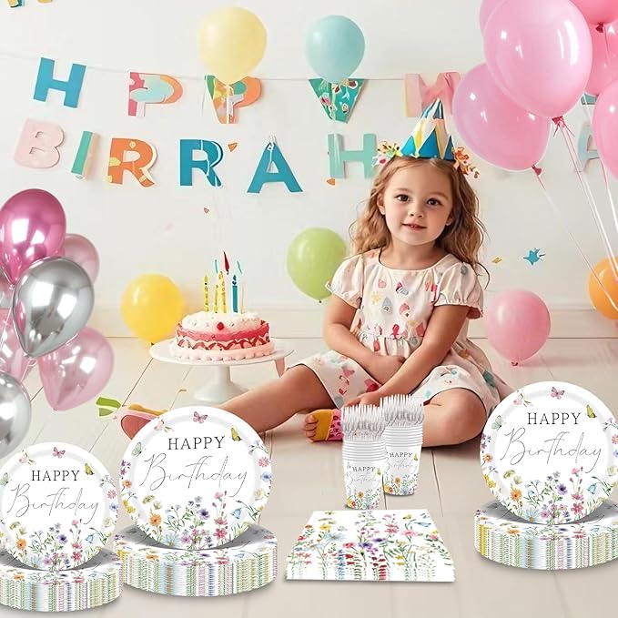 Wildflower Birthday Party Decorations for Girls Women, Banner Centerpieces Cupcake Toppers Tablecloth, Spring Floral Paper Plates Napkins Cups Forks Straws Supplies Serve 20