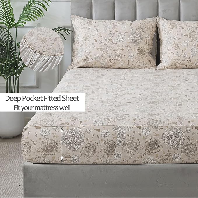 FADFAY Light Khaki Vintage Hydrangea Floral King Size Sheets Set 100% Brushed Cotton Shabby Peony Pattern Bedding Set Deep Pocket Sheets with 2 Pillowcases Luxury Daisy Breathable Soft 4pcs, King Size
