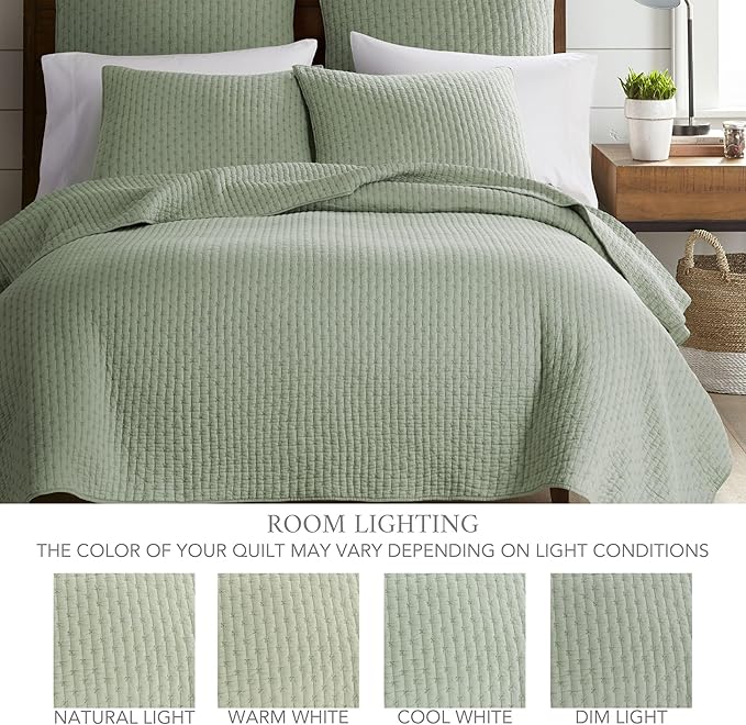 Levtex Home Cross Stitch Reversible King/Cal King Quilt Set (106x92in) and 2 Pillow Shams (36x20in) - Stitch Texture - Desert Sage - Cotton King Size Quilt Bedding Set - Lightweight Soft Pre-Washed