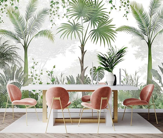Woods Botanical Landscape Mural, Green Leafy Botanical Wallpaper, Suitable for Bedroom, Living Room, Bathroom Background Wall Decoration（Non-self-Adhesive）