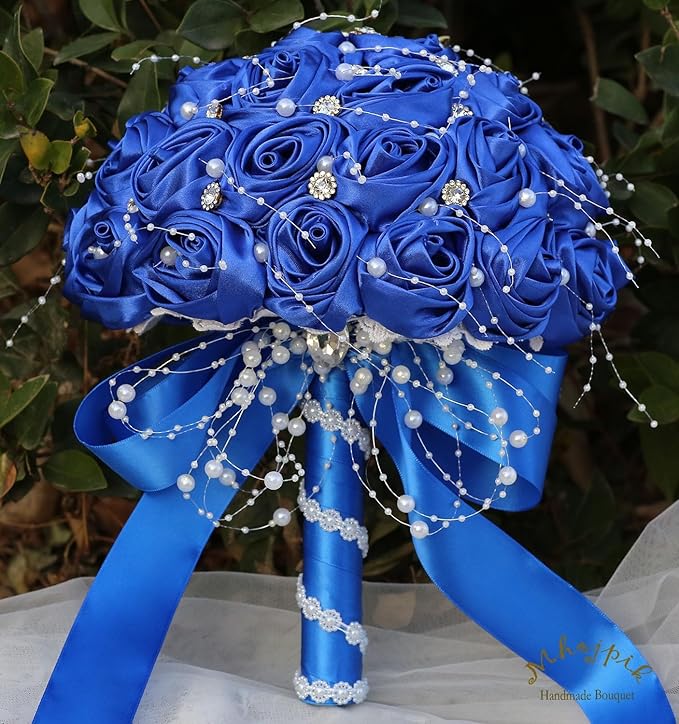 Bridal Wedding Bouquet Round Bling Brooch Bouquet Throw Toss Artificial Rose Flower Bunch for Bride Bridesmaid Wedding Quinceanera(Royal Blue, 9.8")