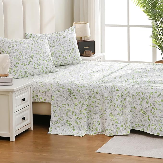 Bedlifes California King Sheet Set Ultra Soft, Breathable, Silky Flower Deep Pocket 100% Microfiber Bedding, 4 Piece Cal King Size Green Floral