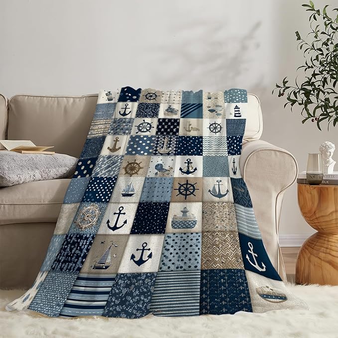 Nautical Blanket Ocean Sea Throw Blanket Sailboat Anchor Soft Cozy Fleece Fuzzy Stuffed Plush Flannel Gifts for Girls Women Boys Kids Adults 60"X80"