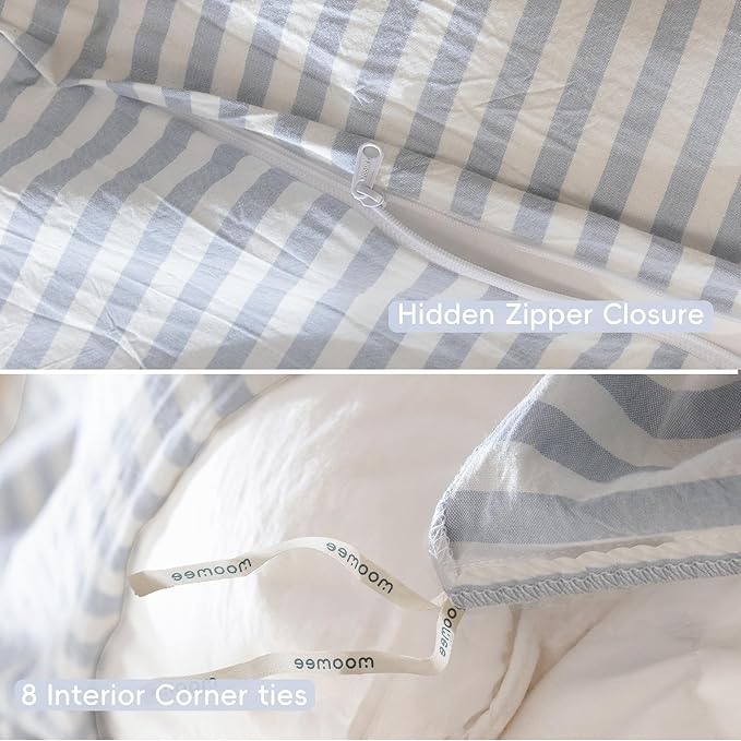MooMee Striped Duvet Cover Set 100% Washed Cotton Linen Like Textured Breathable Durable Soft Comfy (Cornflower Blue White Classic Stripes, Queen 90"x90")