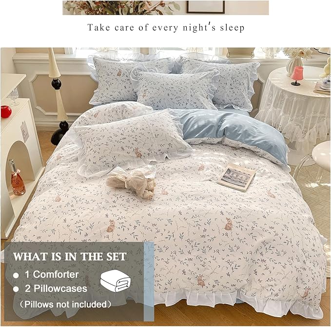VM VOUGEMARKET Girl's Romantic Ruffle Comforter Set Twin Cute Rabbit Comforter with 2 Pillow Shams Toddler Girls White Lace Bedding Set(3pcs,Twin XL)