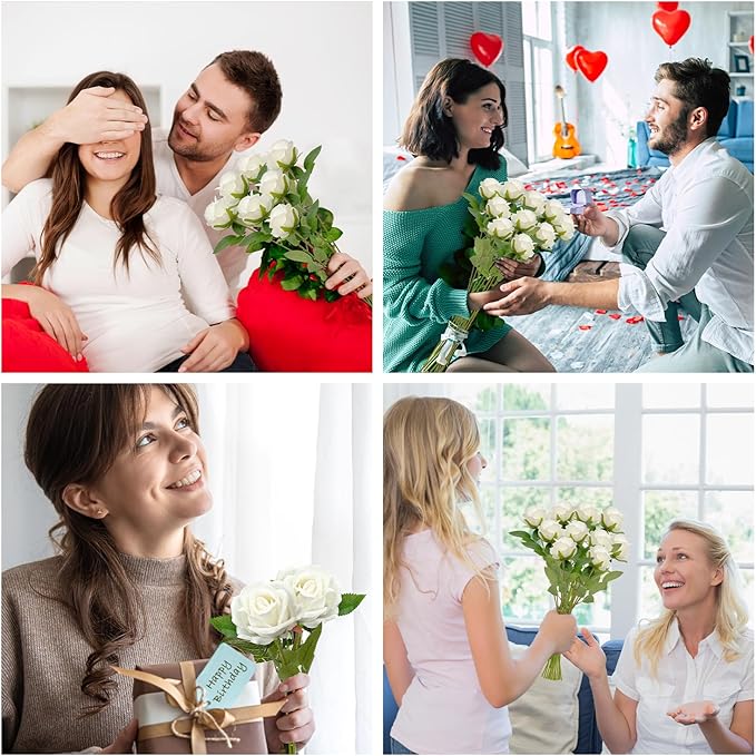 Wondrus Bulk Artificial Flowers 50 PCS, Fake Velvet Silk White Roses with Long Stems Realistic Bouquet for Wedding Centerpieces, Faux Arrangement for Home Table Decor